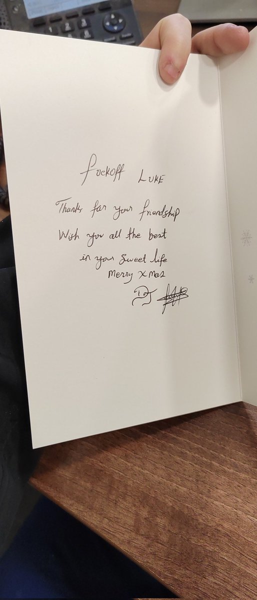 AScleMR's tweet photo. Cutest thing this year, is that a guy at the car wash has given everyone at work a present bag and a card ๐๐
#FuckOffLuke ๐ https://t.co/gPle94HNC6