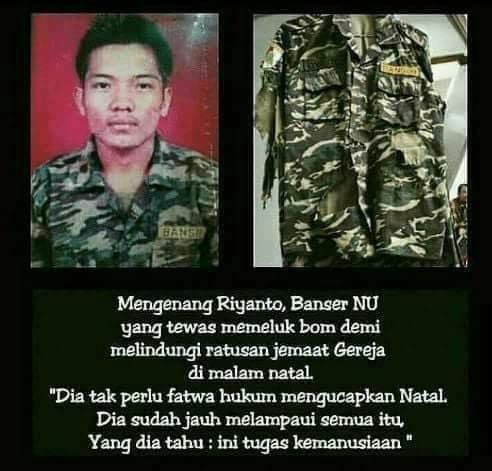 JostKoko's tweet photo. IN MEMORIAM
21 Tahun Riyanto - Banser NU "Pahlawan Kebhinnekaan"
24/12/2021

Rasa hormat &amp; terimaKASIH kami atas pengorbananmu. Kami ikut mengenang &amp; mendoakanmu pada malam natal 24/12/2021 ini

Gus Dur:
“Riyanto telah menunjukkan diri sbg umat beragama yg kaya nilai kemanusiaan" https://t.co/KOzdWEPFCb