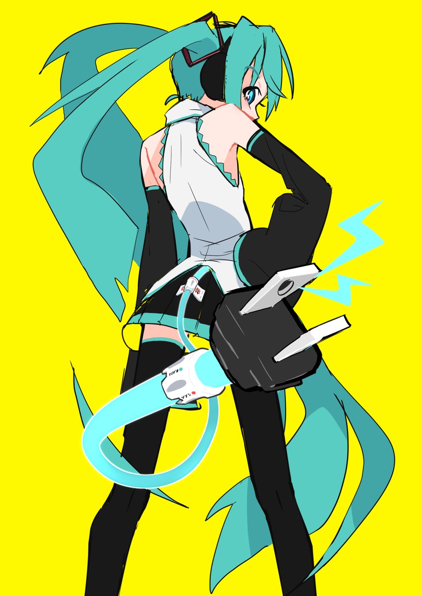 hatsune miku 1girl solo long hair yellow background detached sleeves twintails thighhighs  illustration images