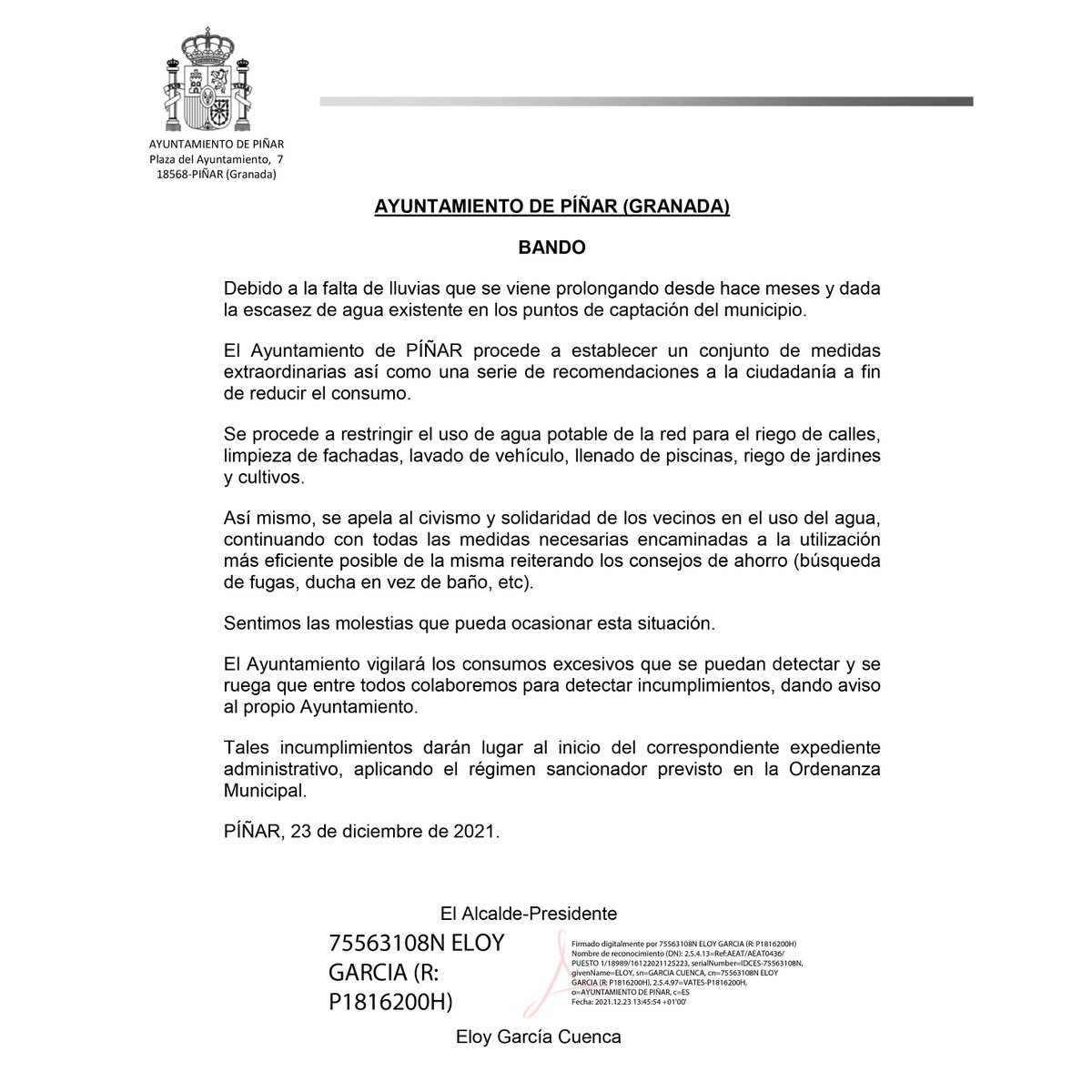 🔴¡IMPORTANTE! Debido a la escasez de agua, desde el Ayuntamiento apelamos a la solidaridad de los vecinos de #Píñar y #Bogarre para hacer un uso responsable del consumo de agua y tomamos estas medidas extraordinarias #HacemosPíñar 💧