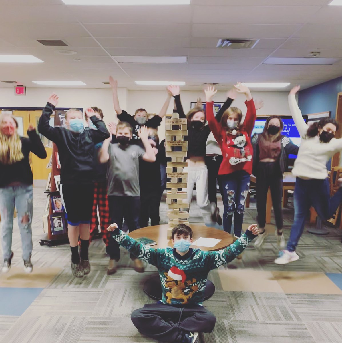 KJSHLibrary's tweet image. This group came back for another round of library Jenga- and guess what? Four months into 7th grade they definitely know how to locate library resources better than in round one! #mslibrary @MrsTGates