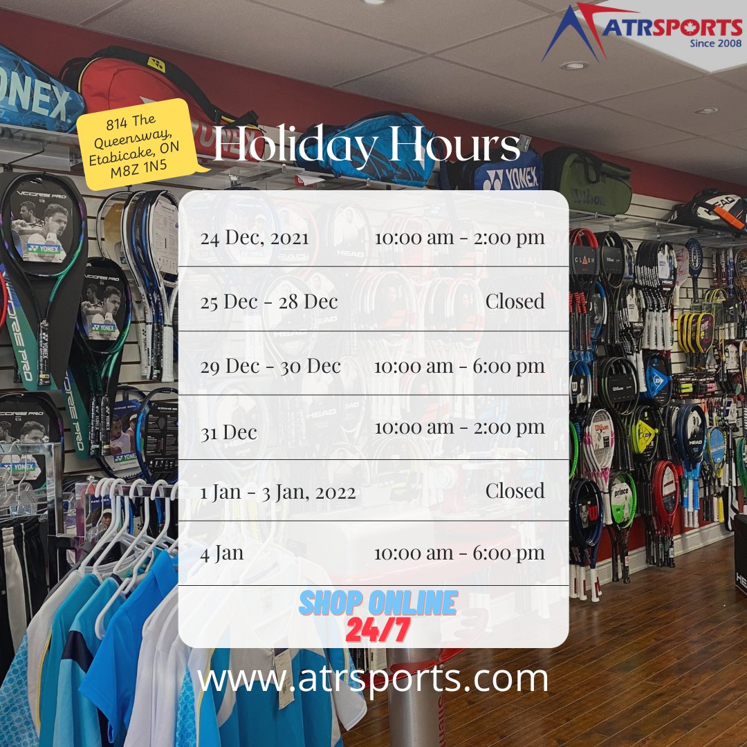 ATRSportsCA's tweet photo. Hey, here is our holiday hours update. We hope to see you soon in the store after the holidays. #atrsports #holidayhours #holidayseason #holidays #businesshour https://t.co/DLYPeRLE5E
