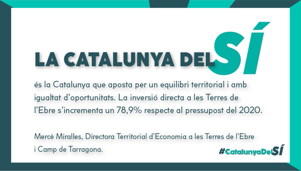 JuntsxEbre's tweet photo. ✅ La #CatalunyaDelSí és la Catalunya que aposta per un equilibri territorial i amb igualtat d’oportunitats.
👉🏼 La inversió directa a les Terres de l’Ebre s’incrementa un 78,9% respecte al pressupost del 2020.
🤝 La Catalunya del SÍ, la fem Junts
#ReActivemCat @merce_miralles https://t.co/ngYGigyxkF
