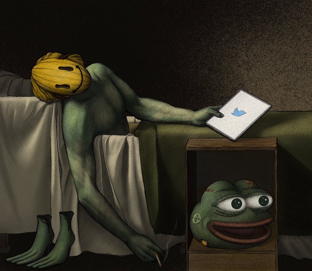 "The death of pape" 
Now on @withFND 👇
foundation.app/@TERMIGHTx/~/1…
5759x5000 pixel 
( Parody " The death of Marat " by Jacques-Lious David. )
#frogfam #FrogFam #Pape #papethefrog #NFTcomunity