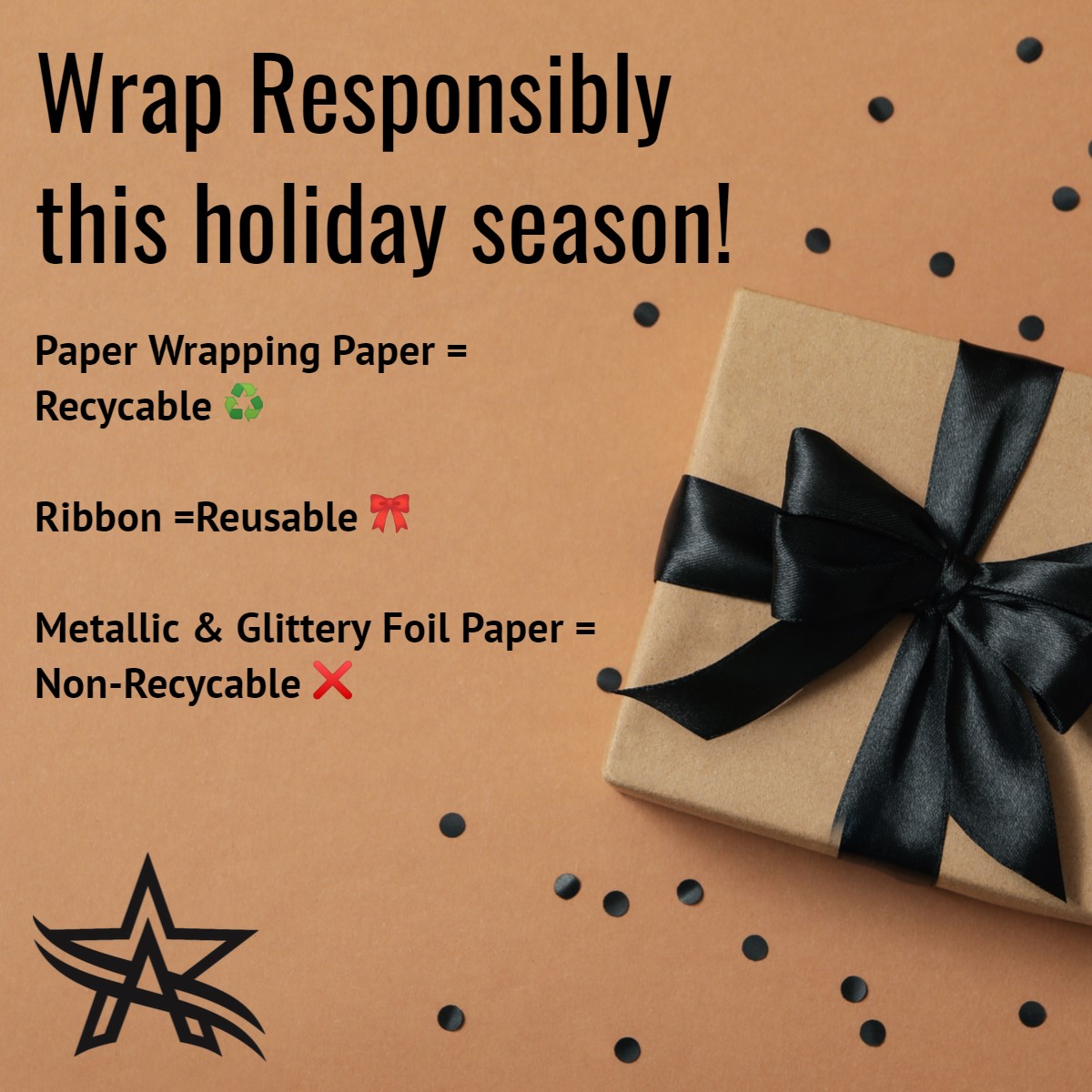 CityOfArlington's tweet photo. Tis’ the season of giving! If you receive a gift this holiday season, follow these simple rules for gift wrapping disposal. 

Paper Wrapping Paper = Recyclable ♻️
Metallic/Glittery Foil Wrapping Paper = Non-Recyclable ❌
Ribbon = Reusable 🎀

Learn more ➡️ https://t.co/UFCoXc6IsX https://t.co/UkRz9ItnTn