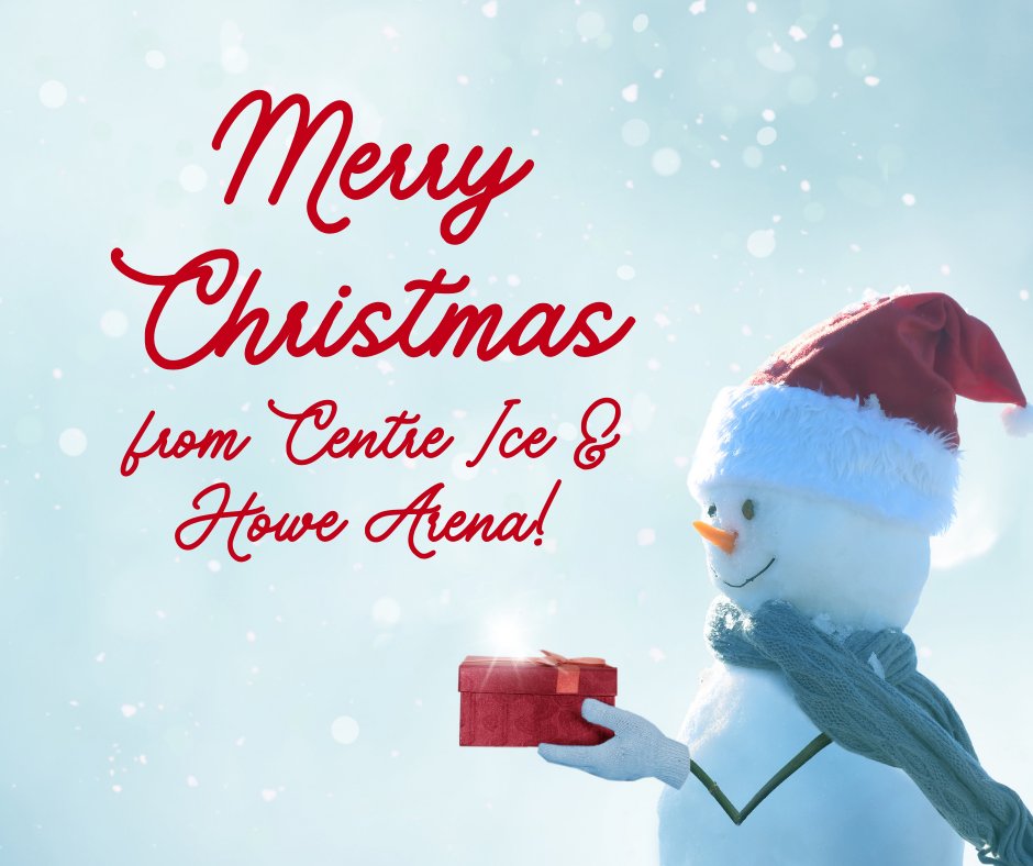 Merry Christmas! Centre Ice and Howe Arena will be CLOSED Fri, 12/24 and Sat, 12/25. Skating resumes on Sun, 12/26 with LOTS of public skating opportunities at Howe Arena through 12/30! (We are also closed 12/31 and 01/01.) For complete schedules visit centreice.org.