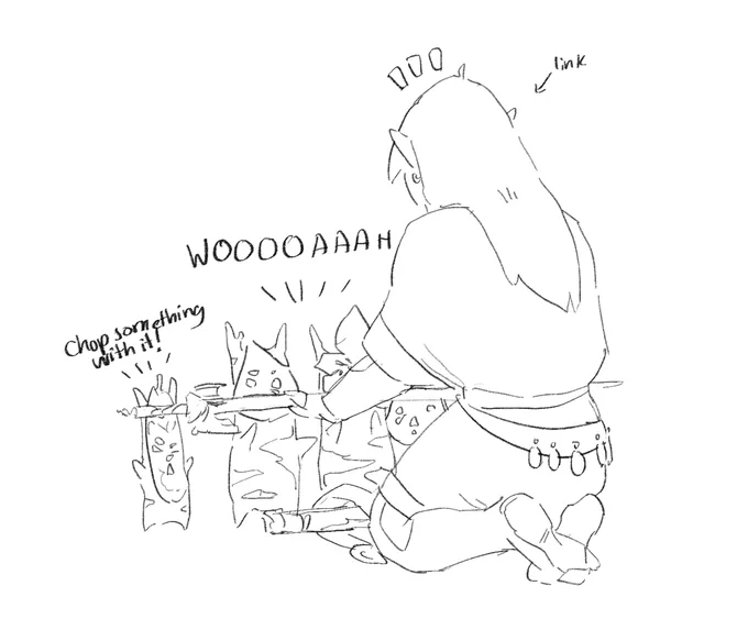 *places down these ancient era AU doodles* (Linky showing the master sword to the koroks, the Zora champion and her gorlfren Zelda) 