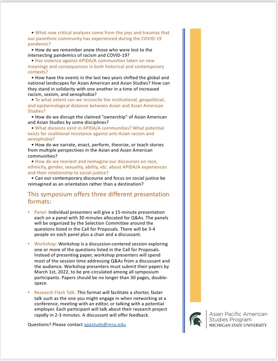 KyleLChong's tweet photo. Soooo the @MSU_APA Graduate Fellows wrote this dope CFP for our symposium in March 2022 in East Lansing, MI at @michiganstateu. Consider submitting a proposal (open for [under]grad students, too!)

#StopAPPIHate #StopAsianHateCrimes #StopAsianHate #Asians4BlackLives https://t.co/lzZGRDUoqk