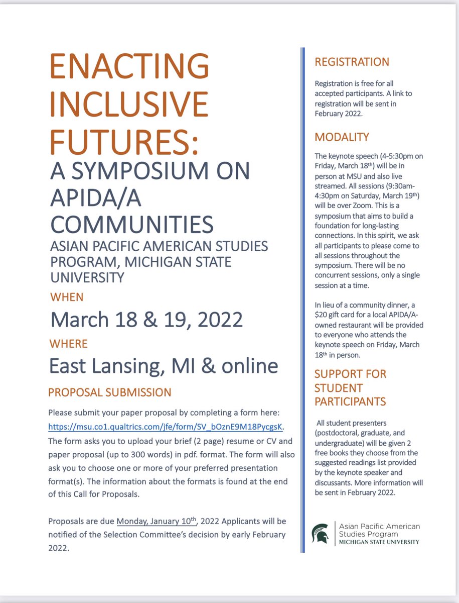KyleLChong's tweet photo. Soooo the @MSU_APA Graduate Fellows wrote this dope CFP for our symposium in March 2022 in East Lansing, MI at @michiganstateu. Consider submitting a proposal (open for [under]grad students, too!)

#StopAPPIHate #StopAsianHateCrimes #StopAsianHate #Asians4BlackLives https://t.co/lzZGRDUoqk