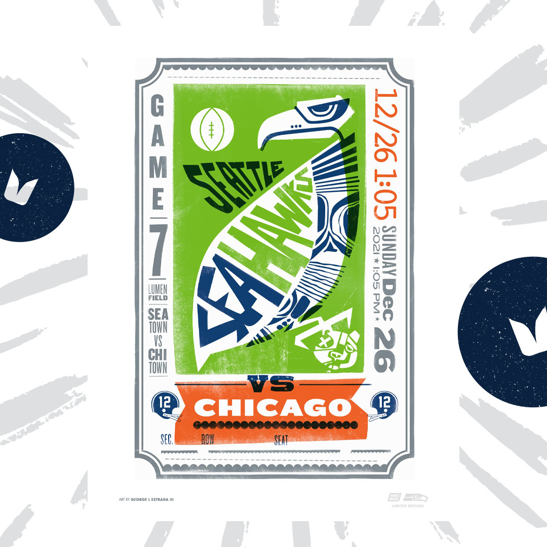 Seahawks's tweet photo. This week's gameday posters are on sale! 🎨

Created by George Estrada, a designer out of Portland, in partnership with @AmesBros.

Proceeds support @Urban_ArtWorks, which aims to engage youth and communities in the creation of public art.
