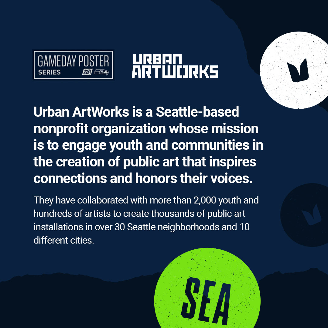 Seahawks's tweet photo. This week's gameday posters are on sale! 🎨

Created by George Estrada, a designer out of Portland, in partnership with @AmesBros.

Proceeds support @Urban_ArtWorks, which aims to engage youth and communities in the creation of public art.