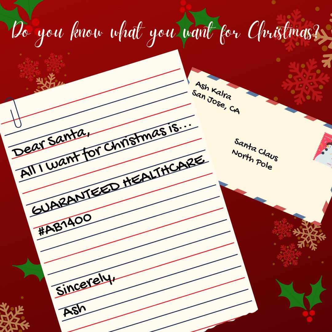 Ash_Kalra's tweet image. We've been working hard to get CalCare ready for January. As we get closer, what's on your health care holiday wishlist?
#CalCare #AB1400