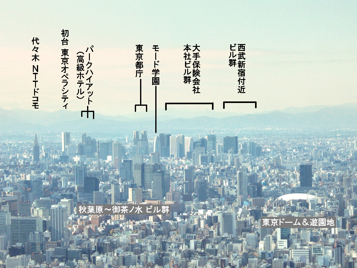 ネオロマ聖地訪問 東京スカイツリーから見た遙か５ 遙か６の世界の眺望は ひとまず今回でゴールとします 都心の方向です 新宿のビル群はすでに 密 な状態になっています 東京都庁 ｎｔｔドコモ モード学園などが特徴的です 芝の東京タワーの先端