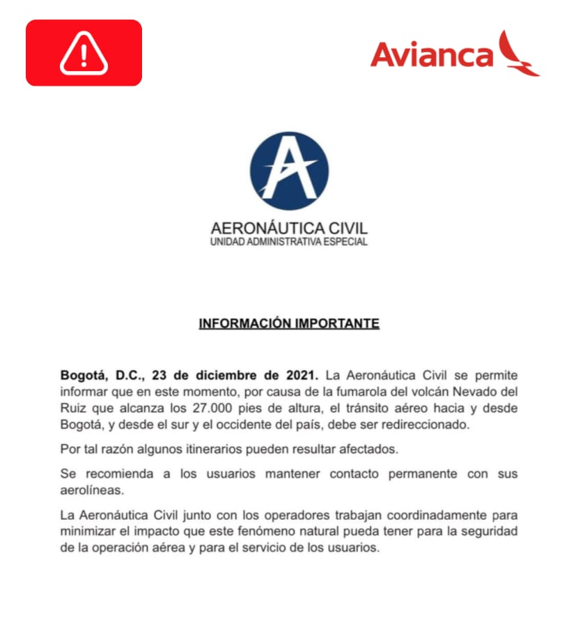 avianca's tweet photo. ⚠ #VIAJERO: Como informa la @AeroCivilCol por causa de la fumarola del Nevado del Ruiz, algunos vuelos desde y hacia Bogotá pueden verse afectados. Revisa el estado de tu vuelo en: https://t.co/VrWjpWiiPC. https://t.co/CpkkFRtB2q