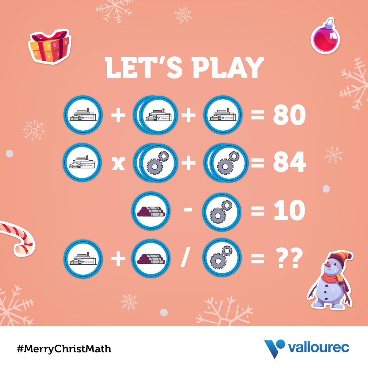 Vallourec's tweet photo. Let's play #MerryChristMath! 🎄 🎁
Are you a math wizz? 🧙 Prove it by sharing your answer in the comments! https://t.co/BZhNWWMeHU