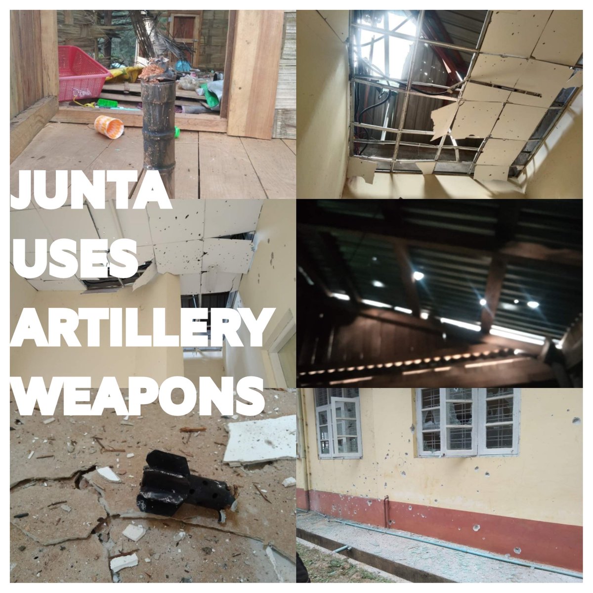 AMT95245400's tweet photo. In Chin's Mindat Tsp: #MyanmarMilitaryTerrorists fired heavy artillery weapons again and again. Many buildings including a hospital were destroyed.  #Dec23Coup #WarCrimesOfJunta #WhatsHappeningInMyanmar https://t.co/ITeTvJjbPc