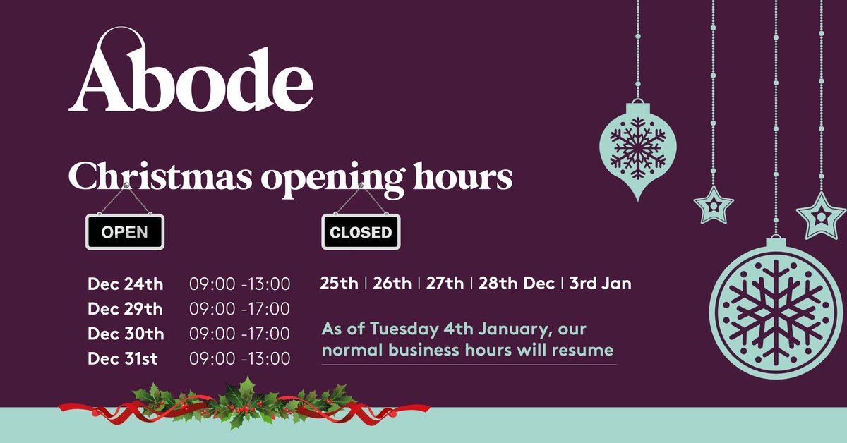 Abode_Insurance's tweet photo. The Abode team would like to wish you a very Merry Christmas and a happy, healthy New Year. 

Please find our opening hours for the festive period below. https://t.co/H4Opxjg2Rm
