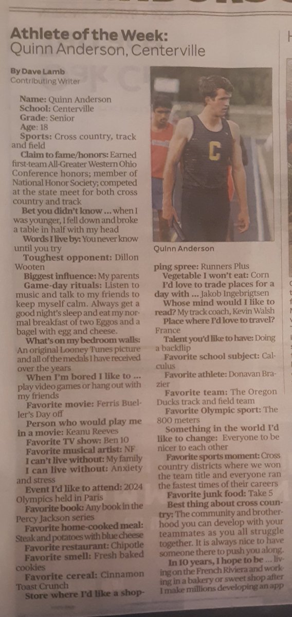chselksad's tweet photo. Congrats to Quinn Anderson, senior XC &amp; Track star for being named this week's Dayton Daily News athlete of the week. Well done young man! https://t.co/b6yN95Ee2a
