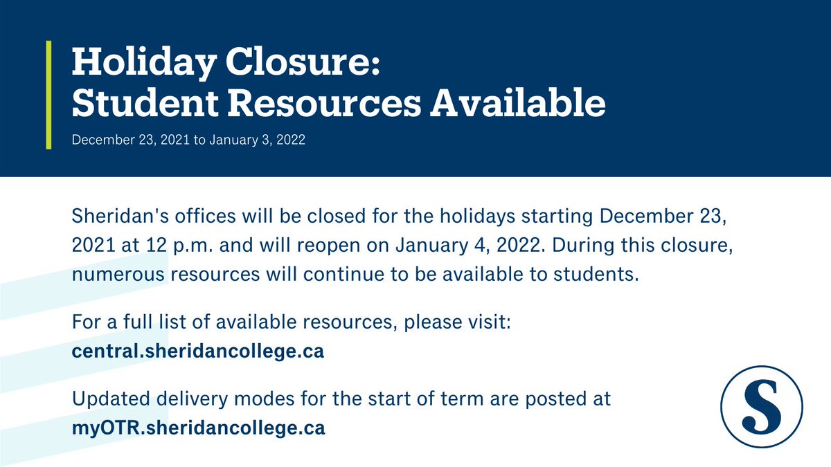 Our campuses and virtual offices will be closed Dec 23 at 12 p.m. and will reopen on Jan 4, 2022. 

View a full list of resources available during the holiday break at: j.mp/3qaHeIh

Information about delivery modes is posted at: j.mp/3qdL1EL