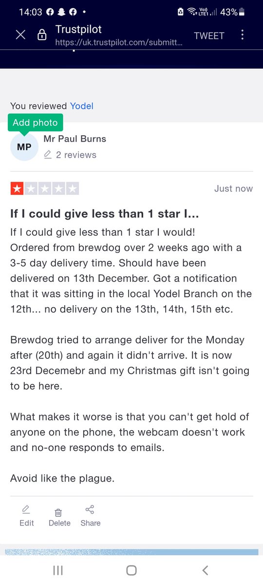 <a href="/YodelhellF/">FedUpCustomerltd</a> <a href="/BrewDog/">BrewDog</a> <a href="/YodelOnline/">Yodel by InPost Delivery Network</a>