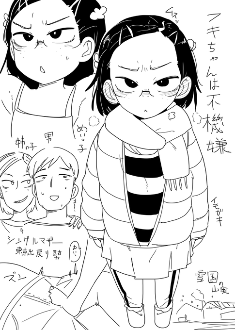 今回の子 やっぱりデコキャラは描いてて楽しいですね 上目遣いと悪い目つきは相性がとても良い スカートジャージデコ出しが道民の模範スタイル(一回しか行った事ない) 
