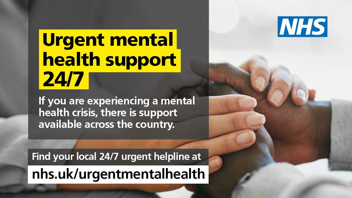 If you feel like you might need support for your mental health, every part of the country now has 24/7 urgent NHS mental health helplines. You can find your local service and other options for support on NHS.UK/urgentmentalhe…

Pls RT

nhs.uk/nhs-services/m…