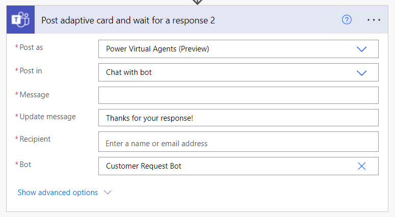 yashagarwal1651's tweet photo. Just spotted the "Post an Adaptive Card to Teams" now has the option of selecting the chat with a chatbot from @MSPowerVirtual!

Now initiate a chat in a chatbot created with PVA deployed on #MSTeams using @MSPowerAutomate and @MSPowerApps

#PowerPlatform #PowerAddicts https://t.co/J1js8w01iE