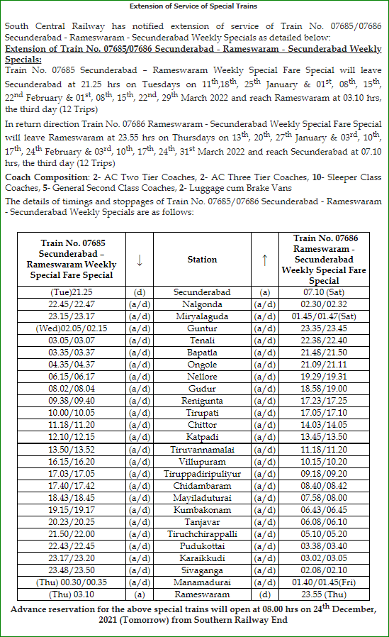 GMSRailway's tweet photo. Extension of Secunderabad - Rameswaram - Secunderabad Weekly special train @SCRailwayIndia 

#SouthernRailway  #SRUpdates https://t.co/XWPgAT0iSv