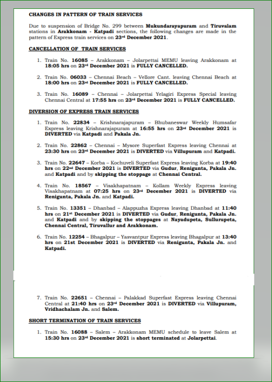 GMSRailway's tweet photo. Changes in the pattern of services in view of suspension of Bridge No.299 between Mukundarayapuram and Tiruvalam stations in Arakkonam - Katpadi sections today

#SouthernRailway  #SRUpdates https://t.co/1iuWuilefw