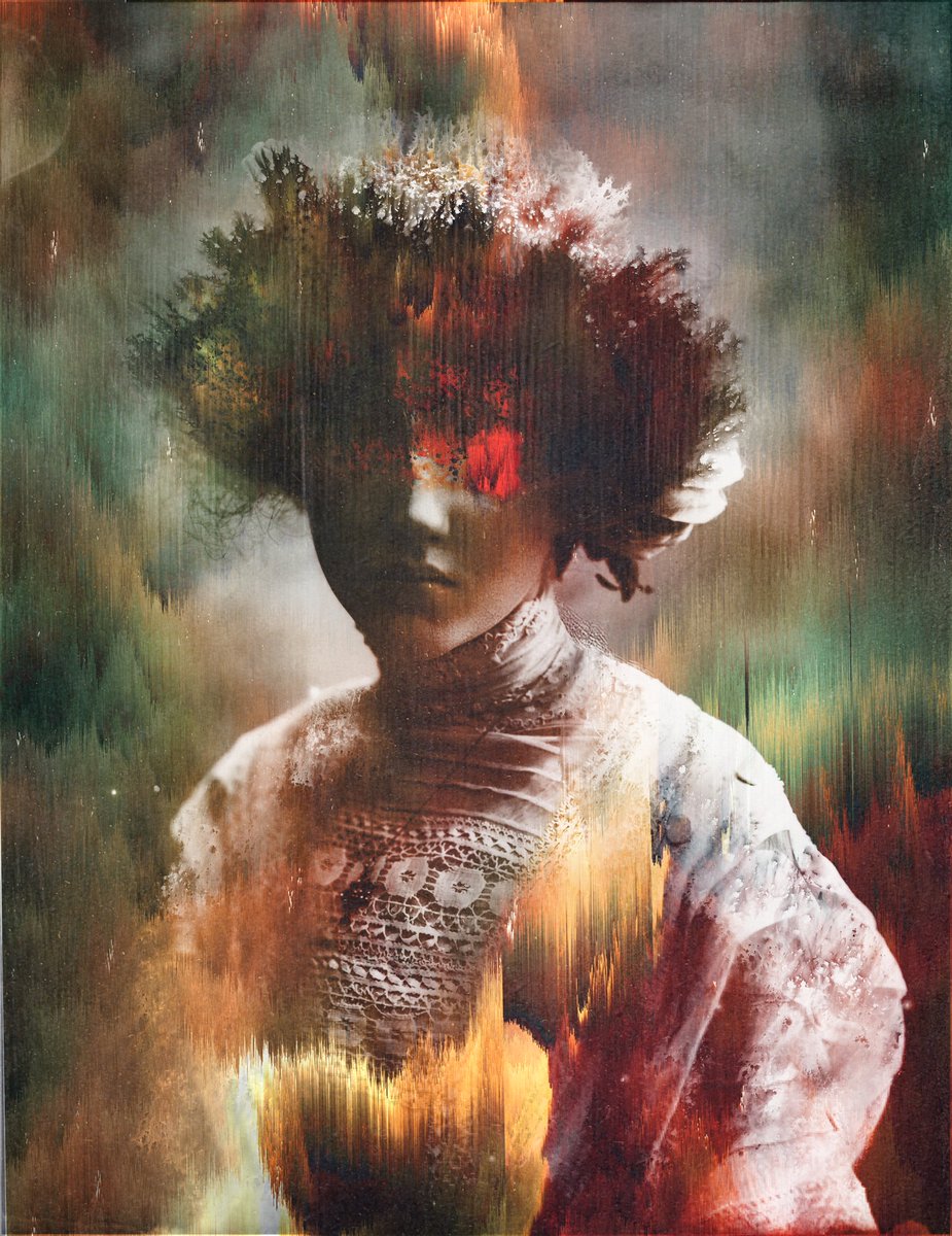 "My brain is a flower, a beautiful flower. 
He collects them. 
All those blossom."

Painting, collage, photobashing