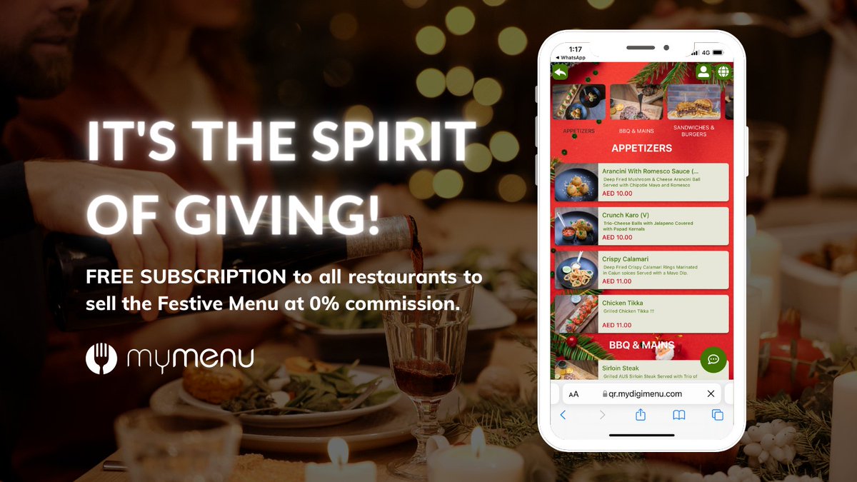 mydigimenu's tweet photo. ✨🎅🏼 It's the spirit of giving! 🎅🏼✨

My Menu is giving away FREE menu subscriptions to all restaurants to sell the Festive Menu at 0% commission from now till the end of the year 2021.🎄Visit https://t.co/a0Jx8lkX1p to sign up! 

#digitalmenu #christmassale #restauranter #qrmenu https://t.co/2af5TjDcx3
