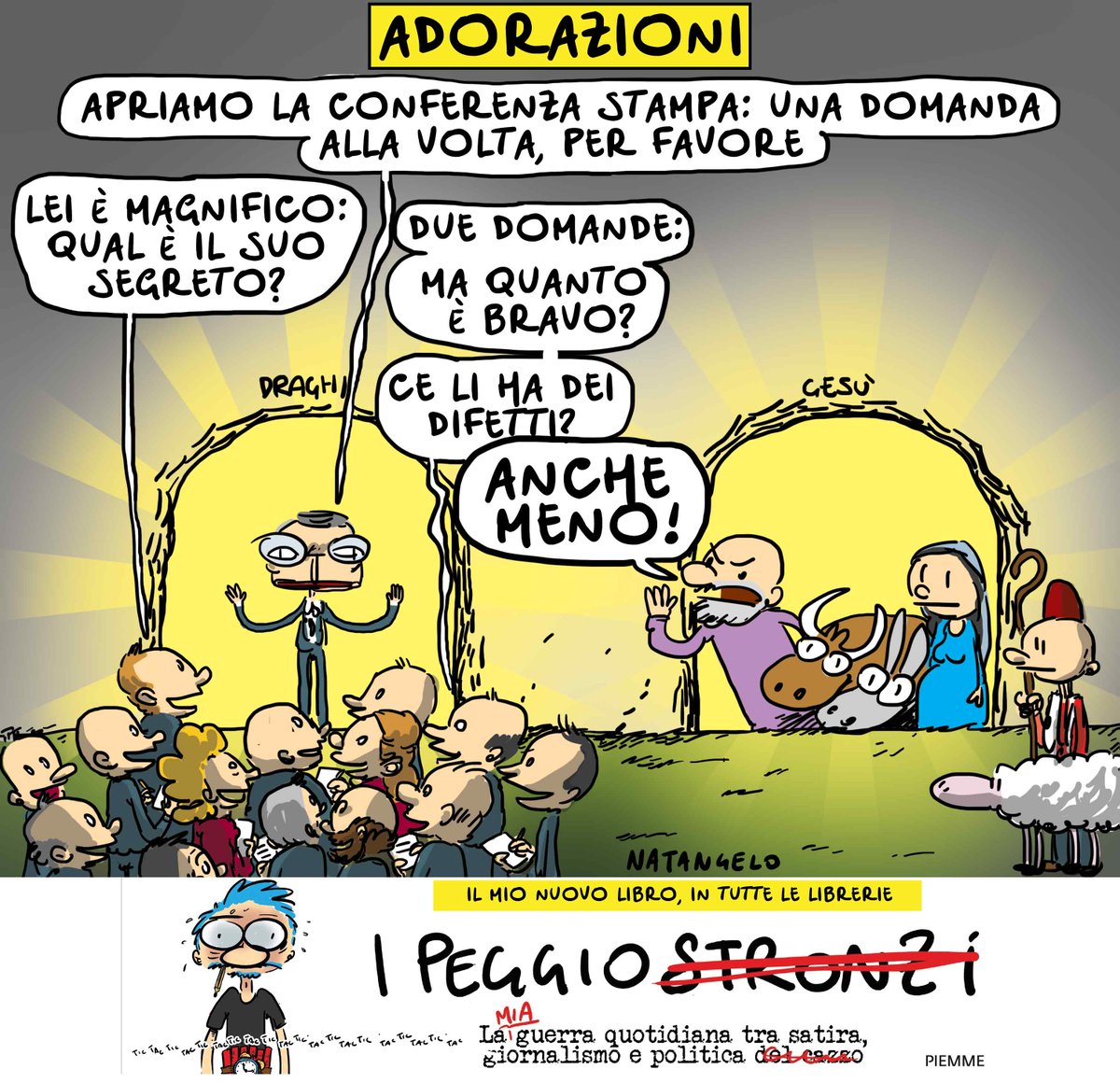 NatangeloM's tweet image. Adoremus! - la mia vignetta sulla prima pagina de Il Fatto Quotidiano oggi in edicola! 
#natale #covid #vaccino #draghi #conferenzastampa @fattoquotidiano  #vignetta #fumetto #memeitaliani #umorismo #satira #humor #natangelo