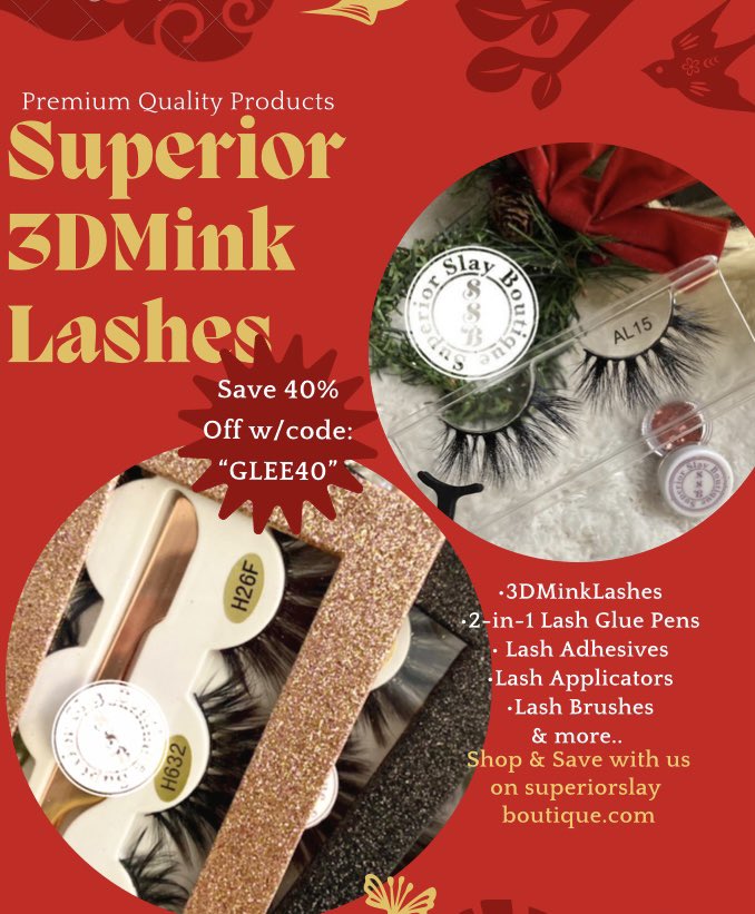 SupSlayBoutique's tweet photo. Shop, Save &amp; Slay during this limited offer @SupSlayBoutique. Use code: “GLEE40” to save 40% off on these “Durable” 3DMinkLashes &amp; other “Premium Quality” products on https://t.co/O4JG9h2is5. Join our Email list for Superior offers. Don’t miss this Holiday Slay! #ad #shop #Sales https://t.co/9i0dSMeF6A