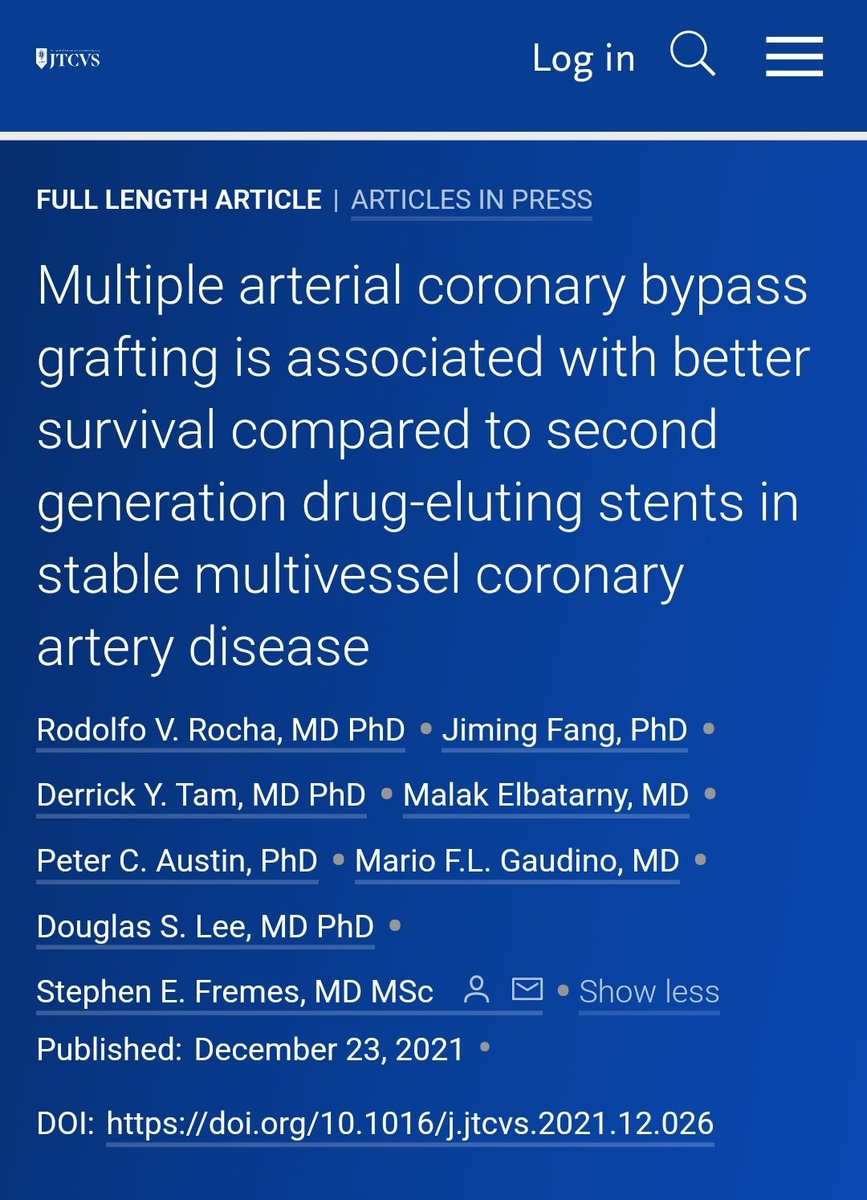 Dominique Vervoort (@dvervoort94) on Twitter photo ⚠️ Ontario-wide analysis <a href="/UofTCVsurgery/">University of Toronto Cardiac Surgery</a> of MAG-CABG vs. 2nd-gen DES:
✅️ 5-year survival: 96.8% vs 94.5% (HR 0.56)
✅️ MACCE freedom: 94.3% vs 88.5% (HR 0.49)
✅️ MACCE freedom incl. repeat revasc.: 91.2% vs 70.7% (HR 0.24)
#TSSMN <a href="/AATSJournals/">AATS Journals</a>
jtcvs.org/article/S0022-… ⚠️ Ontario-wide analysis <a href="/UofTCVsurgery/">University of Toronto Cardiac Surgery</a> of MAG-CABG vs. 2nd-gen DES:
✅️ 5-year survival: 96.8% vs 94.5% (HR 0.56)
✅️ MACCE freedom: 94.3% vs 88.5% (HR 0.49)
✅️ MACCE freedom incl. repeat revasc.: 91.2% vs 70.7% (HR 0.24)
#TSSMN <a href="/AATSJournals/">AATS Journals</a>
jtcvs.org/article/S0022-…