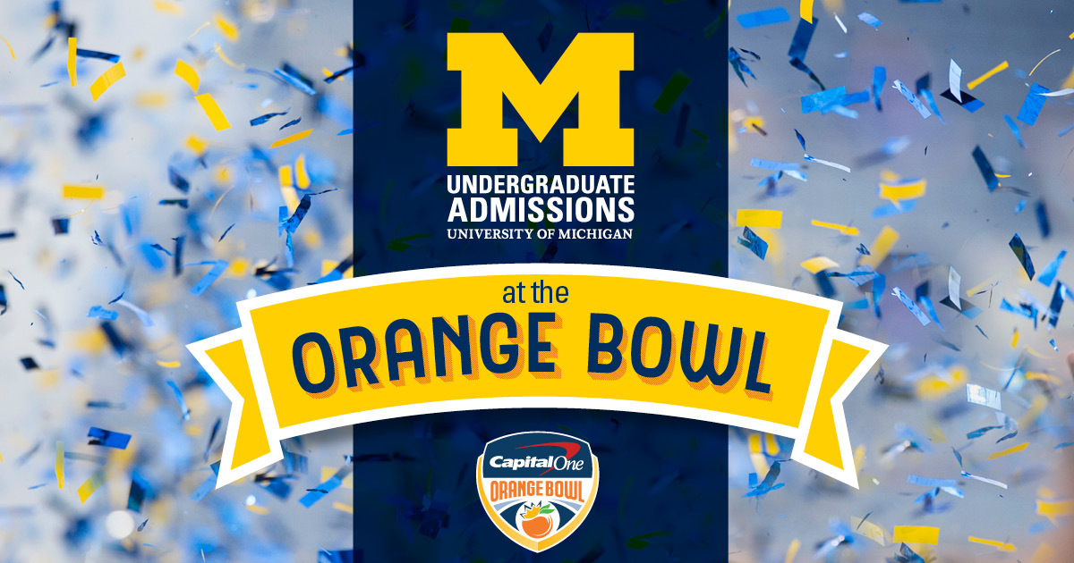 UMichAdmissions's tweet image. With our football team in the Orange Bowl near Miami, we are delighted to invite prospective students and school counselors/administrators who are in the area to celebrate with us at our Maize &amp;amp; Blue Kickoff on Friday, Dec. 31 at 10:30 a.m.: myumi.ch/pZmXA #GoBlue