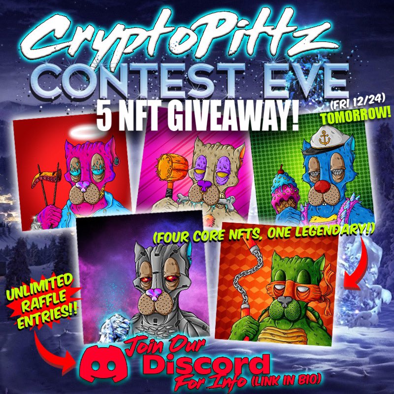 CryptoPittz's tweet image. Contest Eve!! 🎉 🎄TOMORROW WE GIVE AWAY 5 NFTS!!! Grab yourself an Egg Nog with a little rum and join is in Discord!! We will draw 5 random winners from every entry on our white list , just visit Link in Bio for instructions on how to enter! It’s easy and FREE! #NFT #nftraffle