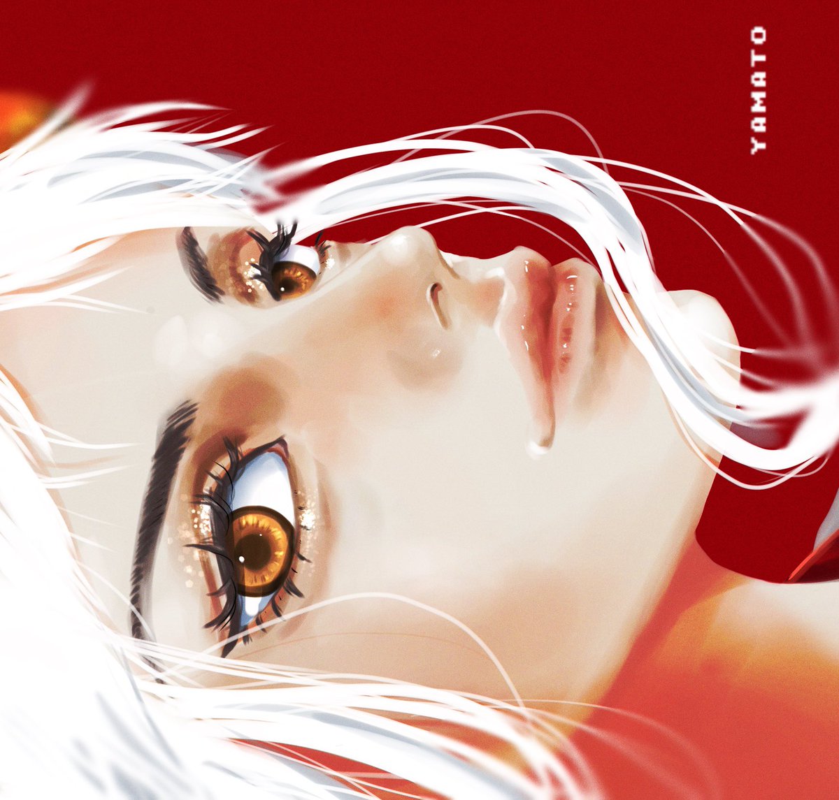 1girl solo white hair red background lips eyelashes sideways  illustration images