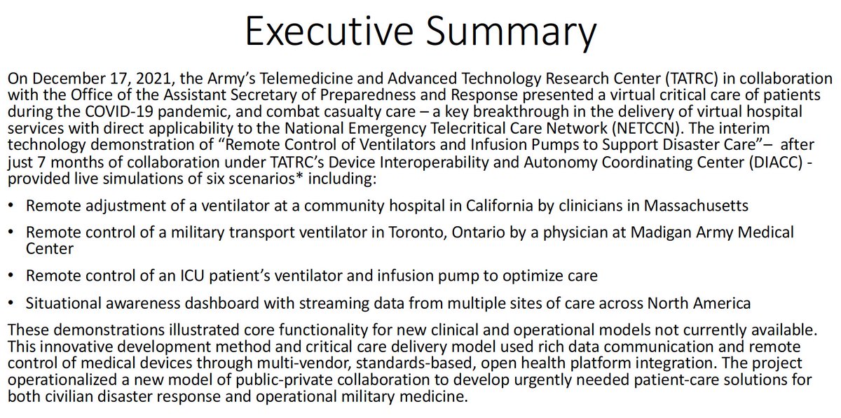 Amazing collaboration between multiple public and private entities:

Remote Control of Ventilators and Infusion Pumps to Support Disaster Care

<a href="/TheTATRC/">The TATRC</a> <a href="/SCCM/">SCCM</a> <a href="/ASPRgov/">HHS ASPR</a> <a href="/DocBoxMed/">DocBox</a> <a href="/OmnicureMD/">Omnicure</a>