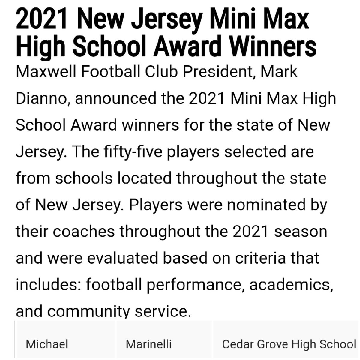 Michael Marinelli (@mmarinelli_) on Twitter photo Honored to be awarded with the 2021 Mini Maxwell Award! Thank you Coach Gogerty for the nomination! <a href="/CGFootballHS/">Cedar Grove Football</a> Honored to be awarded with the 2021 Mini Maxwell Award! Thank you Coach Gogerty for the nomination! <a href="/CGFootballHS/">Cedar Grove Football</a>