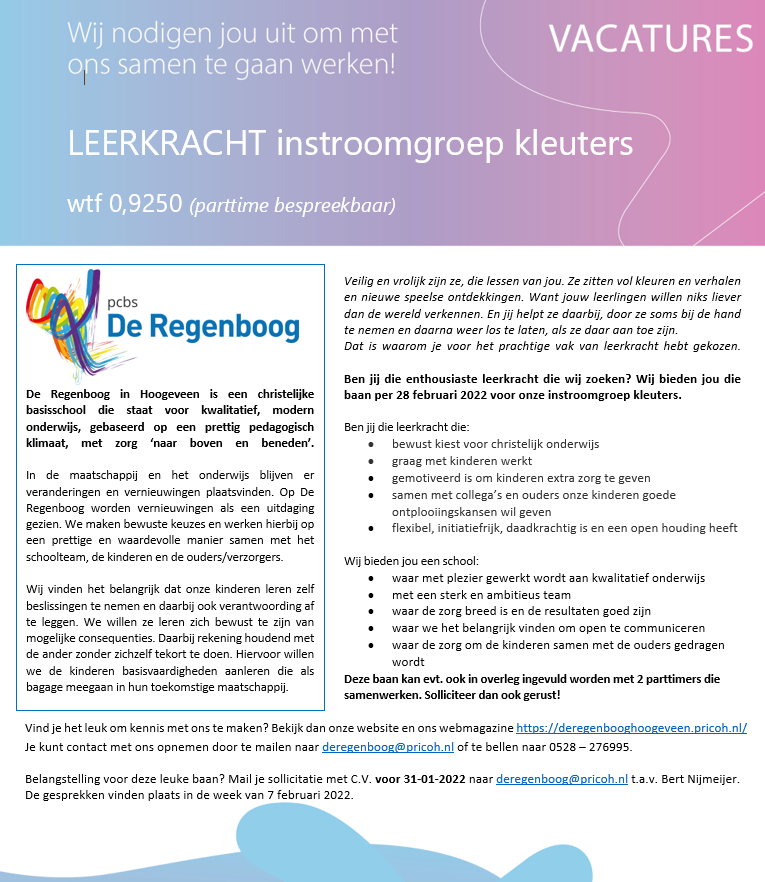 Vacature De Regenboog Hoogeveen