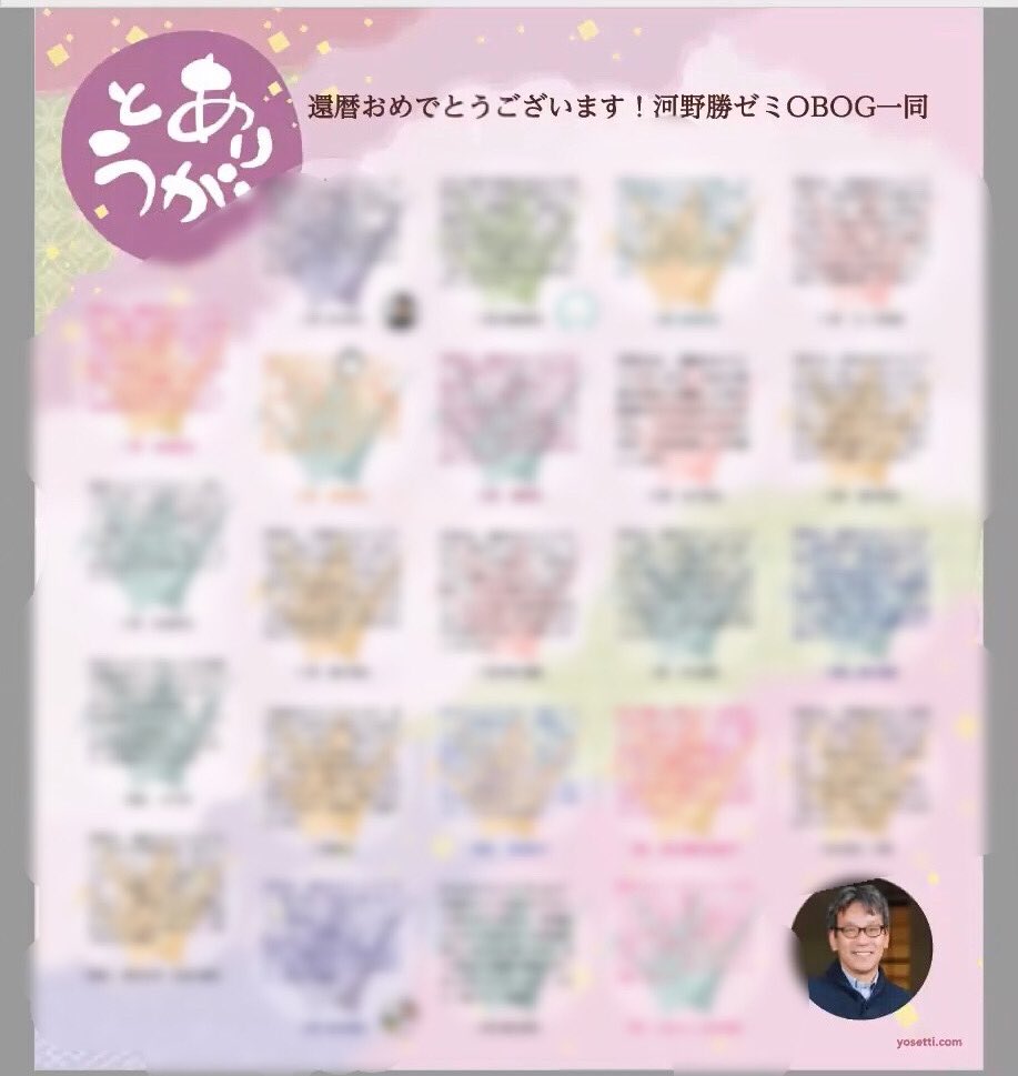 先日(12/18)、河野ゼミ後期OBOG会がオンラインにて開催されました！

一足早い河野先生の還暦のお祝いに際し、OBOGの方々が先生に寄せ書きをプレゼントする素敵な場面もありました！

お越しいただいた方々、本当にありがとうございました！！
