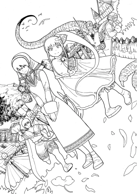 『伝説の勇者の婚活』3巻線画。
同作品のカバーイラストの中では、この巻のものが一番好きです。
読者の反応も割とよくて、なぜかこの3巻だけ結構早くに重版がかかった記憶があります。 