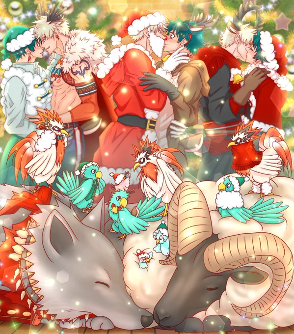 [Merry Christmas with each Bakugo family in 3 worlds!]

1.💥🥦🐓🦜🐥🐥🐣
2.💥🥦🐓🦜
3.💥🥦🐓🦜🐺🦌

The 17 souls of the 3 groups depicted here are companions who have learned family love in their respective worlds. 