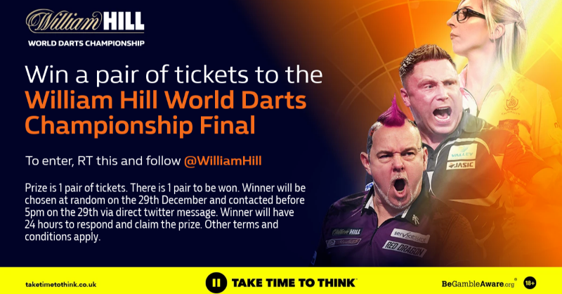 WilliamHill's tweet photo. 💥 Win a pair of tickets to one day of the William Hill Darts World Championship final on the 3rd January 💥

To enter:
👍 Follow @WilliamHill
🔁RT this post

The prize draw will run midday  27/12/ until midday 29/12.

Terms and conditions apply 👉 [https://t.co/aZkCbLWiwI] https://t.co/IL2eo6h1GG