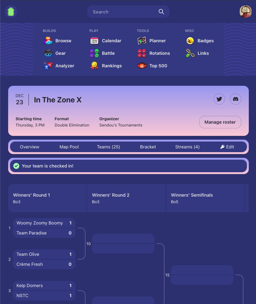 Sendouc's tweet photo. Happy to share this first look at the Splatoon 3 version of @sendouink! What I got started with is a platform for you to organize and play Splatoon tournaments.

[1/2] https://t.co/dE0sgdFMCB