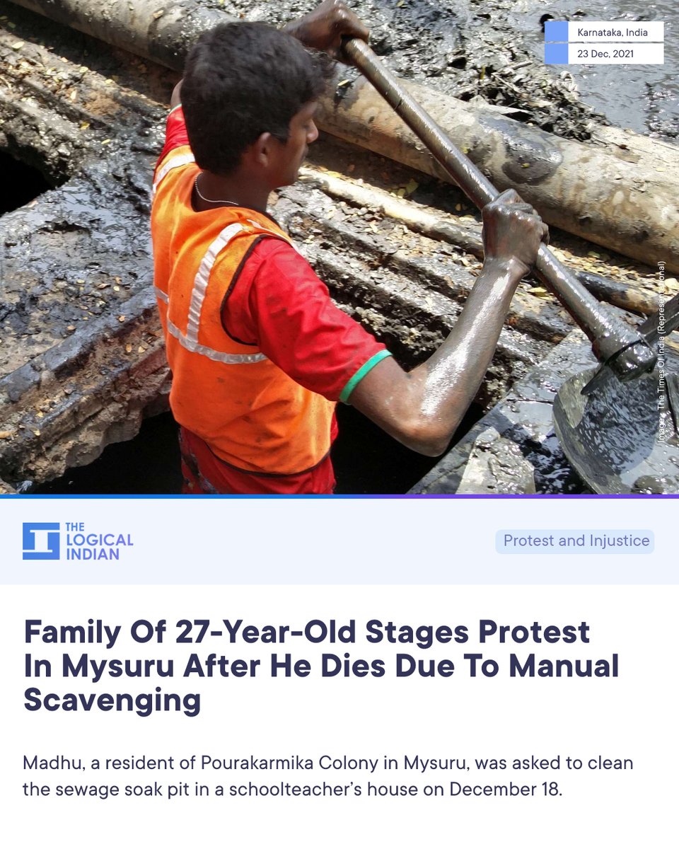 LogicalIndians's tweet photo. #Karnataka: A pourakarmika(cleaning worker), who was made to get into a sewage soak pit to clean it, died after battling for his life in Periyaptana of Mysuru district on Monday. 

#manualscavenging #injustice #protest #India https://t.co/wOKuynYmvY