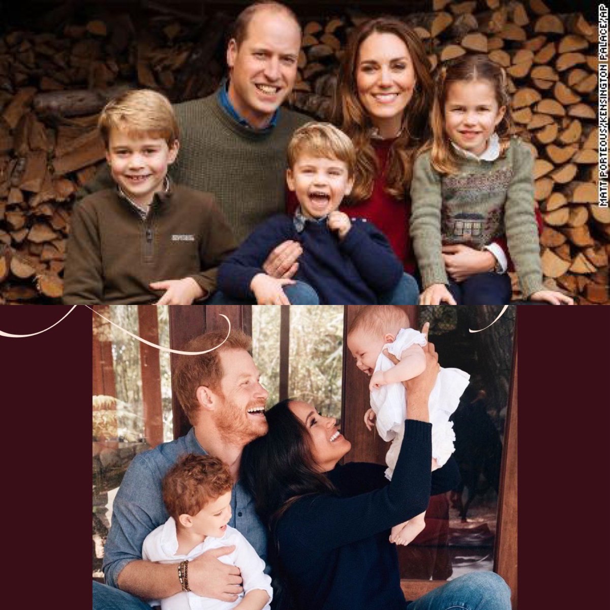 KarenCambridge5's tweet photo. The top picture is how you do a Christmas card. They are looking at us and wishing us with appropriate sized smiles. The bottom one seems fake, it’s like they don’t even care and are looking away. It’s all about them.  #DukeandDuchessofCambridge #HarryandMeghan https://t.co/D4APZD2ws1