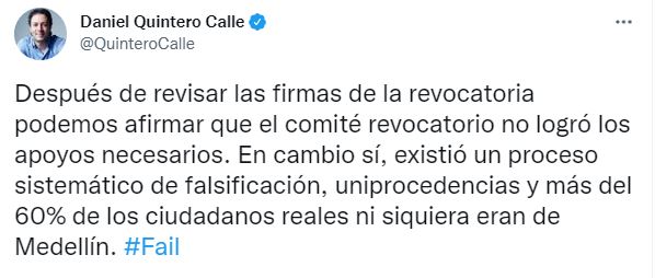 DemocraciaCo's tweet photo. Hasta donde tenemos entendido aún no hay una comunicación oficial por parte de la @Registraduria sobre este caso puntual. 

¿A qué juega Quintero? ¿Está presionando a los organismos competentes para impedir su revocatoria? ¿Está actuando por fuera de la ley? https://t.co/Rl3AYG8z0r