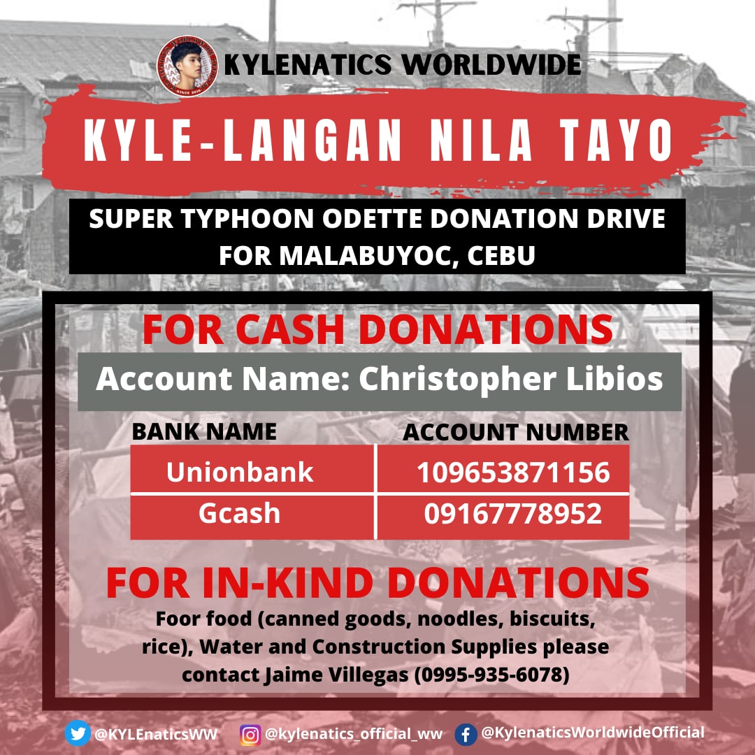 KYLEnaticsWW's tweet photo. Join the donation drive and do your part of sharing to those who seek refuge from those people who have hit badly by the typhoon odette. Let us join the efforts of the Echarri Fam @kyle_echarri @MParadillo to make Malabuyoc, Cebu refugees to regain smile on their faces &amp; hearts. https://t.co/JCuQng7CSe