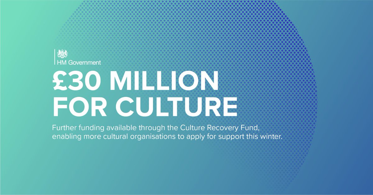#HereForCulture: £30 million to double the funding currently available to applicants through the #CultureRecoveryFund

Providing continued support to the cultural sector

▶️ gov.uk/government/new…